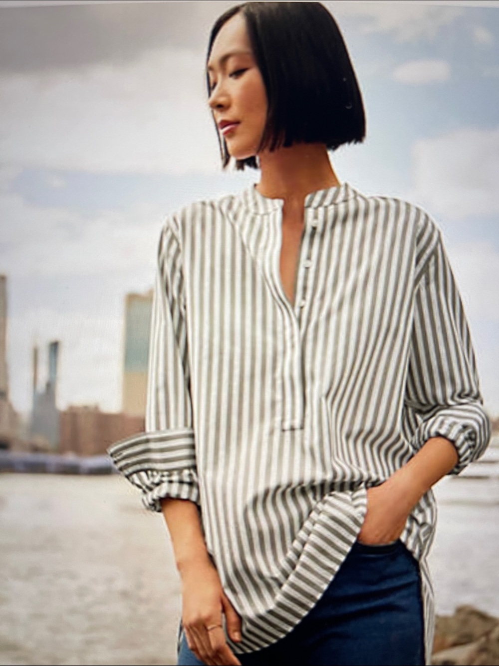 NWOT Lands’ End No-Iron Striped Long-Sleeve Split-Neck Shirt Olive/White